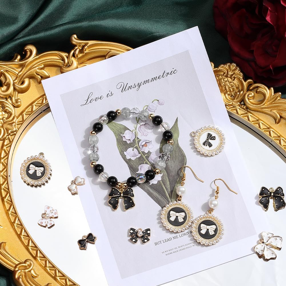 SUNNYCLUE 1 Box 48Pcs 8 Styles Black Bowknot Charms Bow Knot Charms Bulk Alloy Enamel Metal White Gold Pearl Coquette Bow Pendants for Jewelry Making DIY Necklace Bracelet Earring Crafting Women