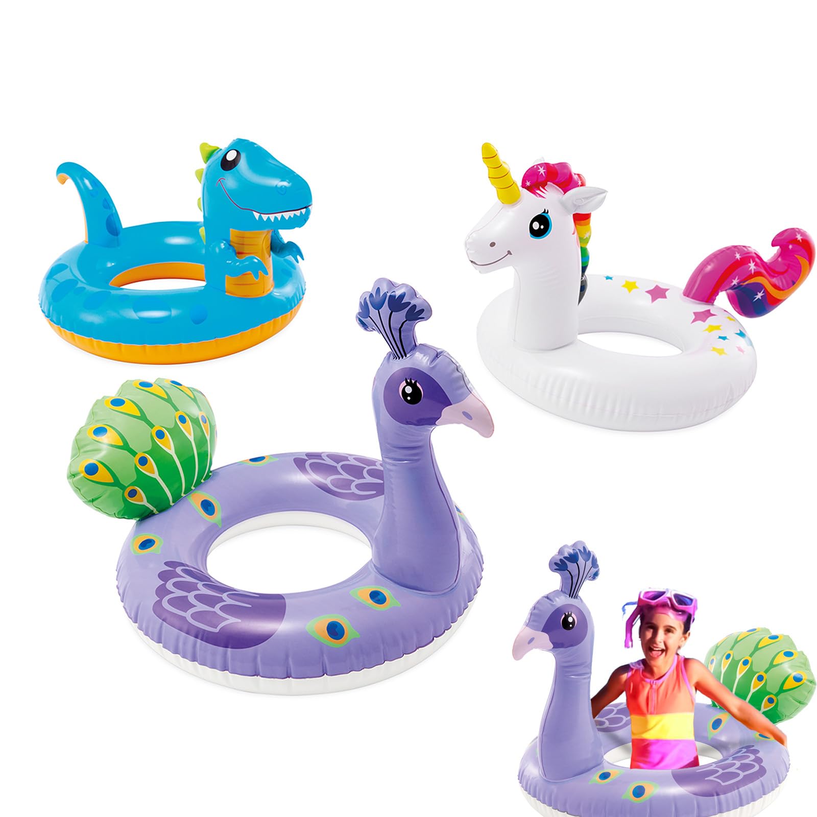 1P Pool Inflatables for Kids Age 2-6, 23" (58cm) Swimming Dinosaur/Unicorn/Peacock Rubber Ring Pool Floats Swimming Toys for Children, Swim Ring with Tails for Boys Girls Summer Beach Water Party Toy