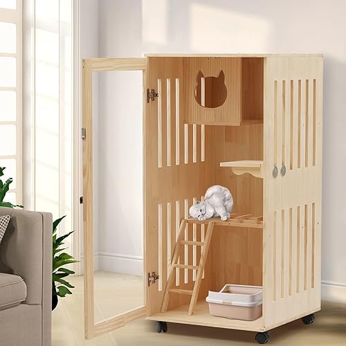 Miniatura 4 de Kit de casa para gatos, caja grande de madera para gatos con rampa y cubierta, jaula grande para mascotas con luz LED y ruedas, casas para gatos de