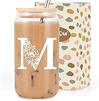 Coolife Monogrammed 16oz Glass Tumbler w/Lid & Straw - Personalized Initial Iced Coffee Cup, Gifts for Women, Mom, Birthday, Valentine's
