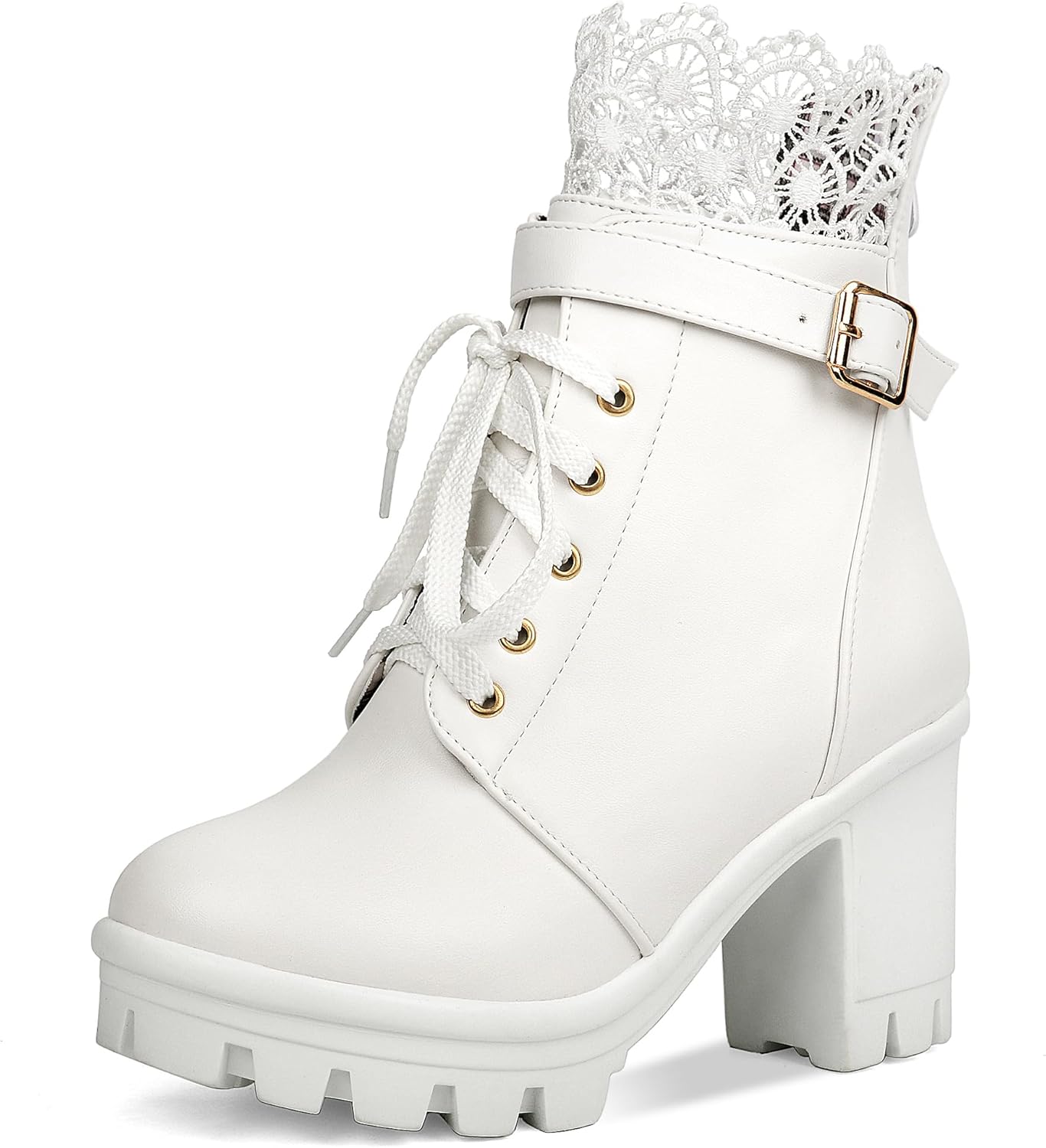 BEAUPAS White Combat GoGo Boots - Chunky Heel Lace Up High Heel Ankle Closed Toe Rave Goth Boots (White, 10.5)
