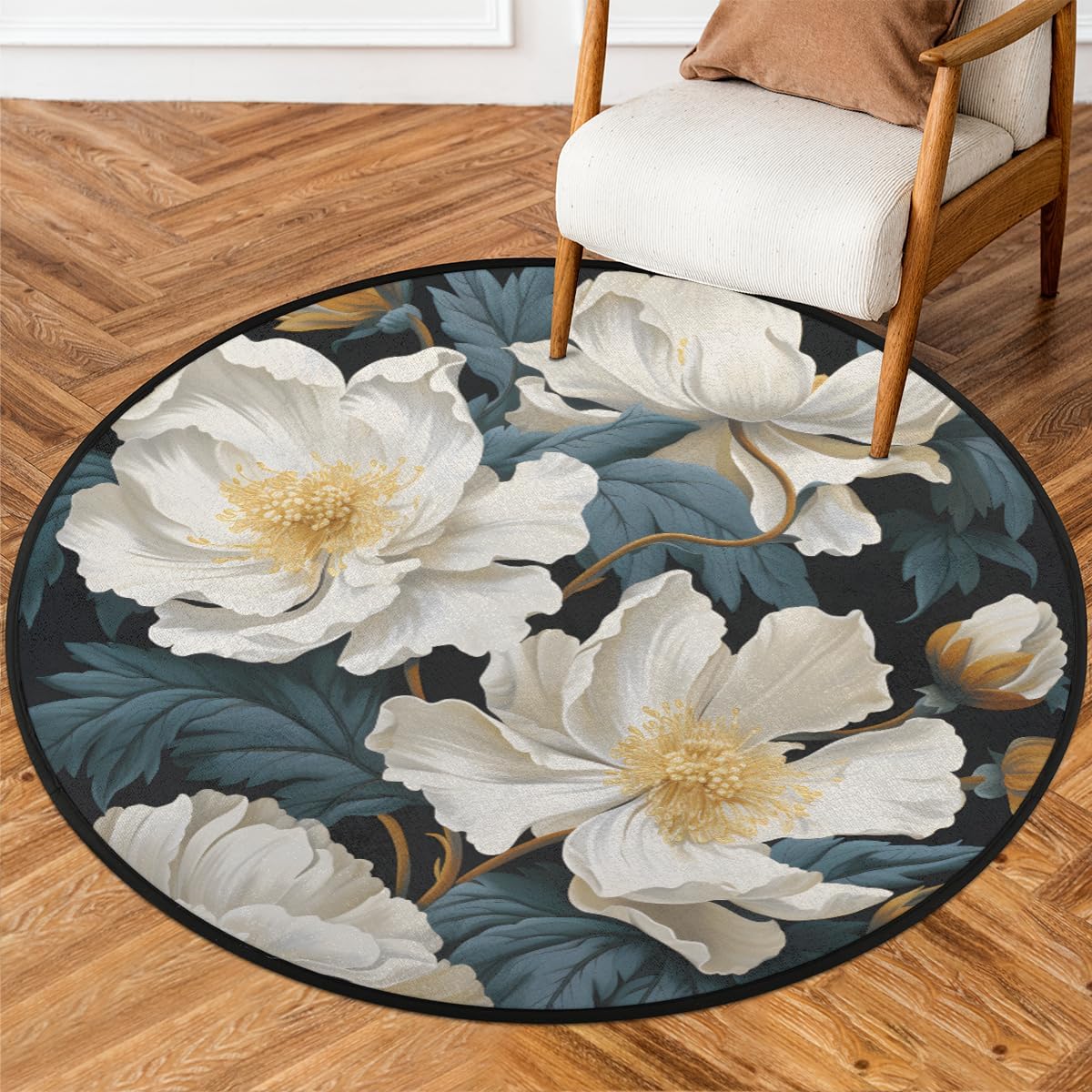 Round Rug 3' Area Rug Indoor Carpet Mat Tropical Plant Flower Green Palm Leaves Non-Slip Floor Mat for Bathroom Office Classroom Bedroom Nursery