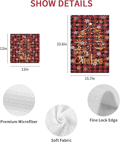 Miniatura 7 de Kitchen Towel 2 Packs Cotton Waffle Weave, Merry Christmas Tree Red Black Buffalo Plaid Snowflake 16 x 24 Inch Absorbent Quick Drying Dish Towels