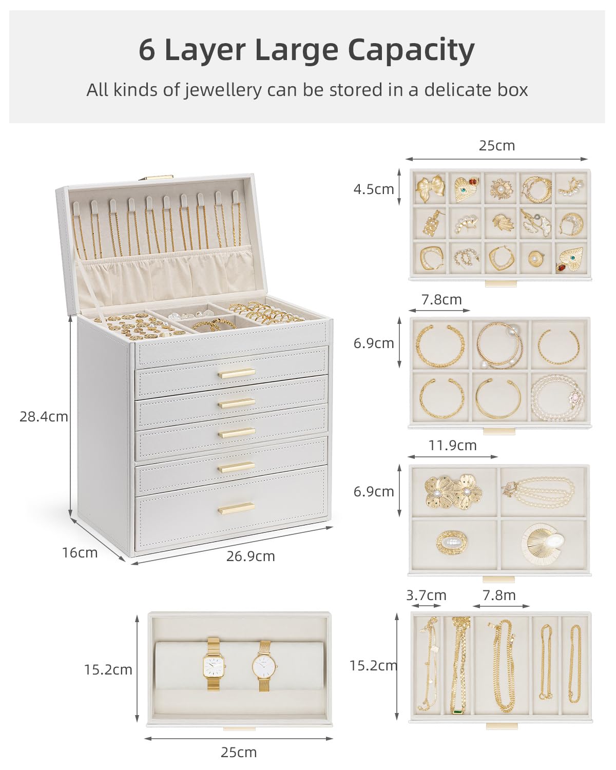 Vlando Joyero grande de 6 capas, organizador de joyas con soporte para collares, almacenamiento de joyas para anillos, pulseras y relojes, regalo para mujer (blanco)