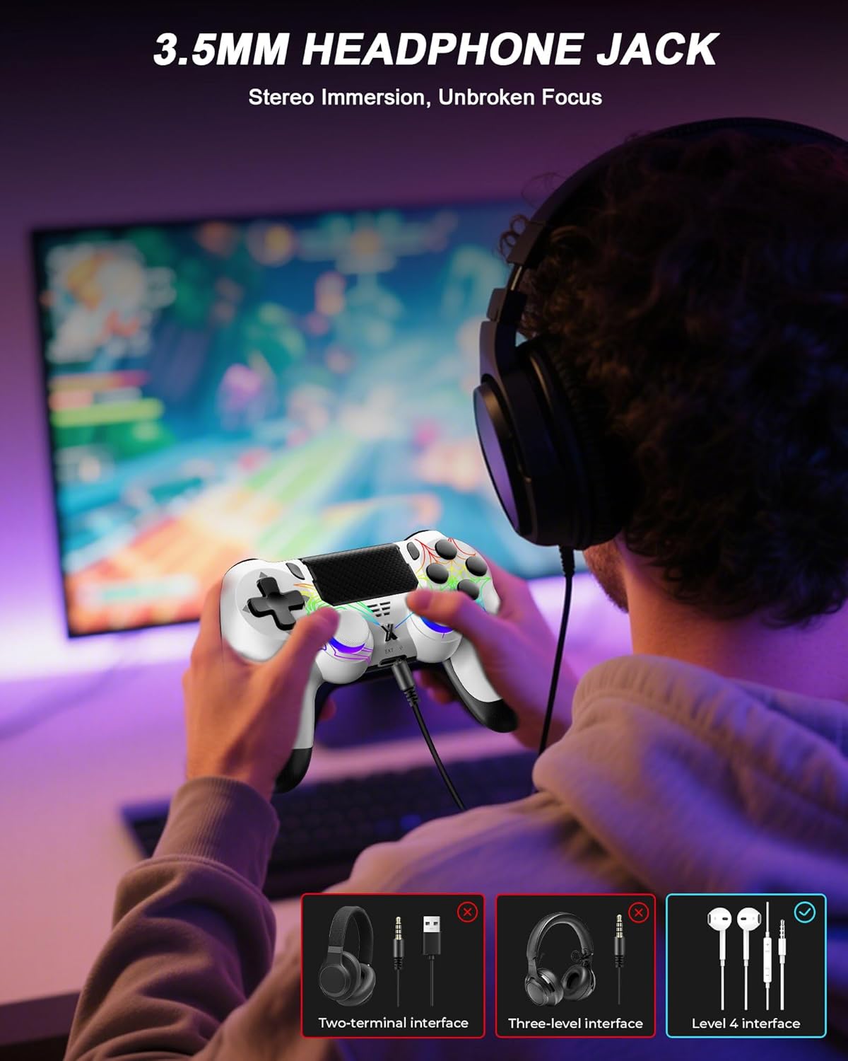 Puiseno Wireless Controller for PS-4, Dual Vibration Game Joystick/Motion Sensing/Touchpad/Speaker/3.5mm Audio Jack Headphone, Upgraded Six-Axis Sensor, Compatible with PS4/Slim/Pro Console/PC (WHITE+BLACK)