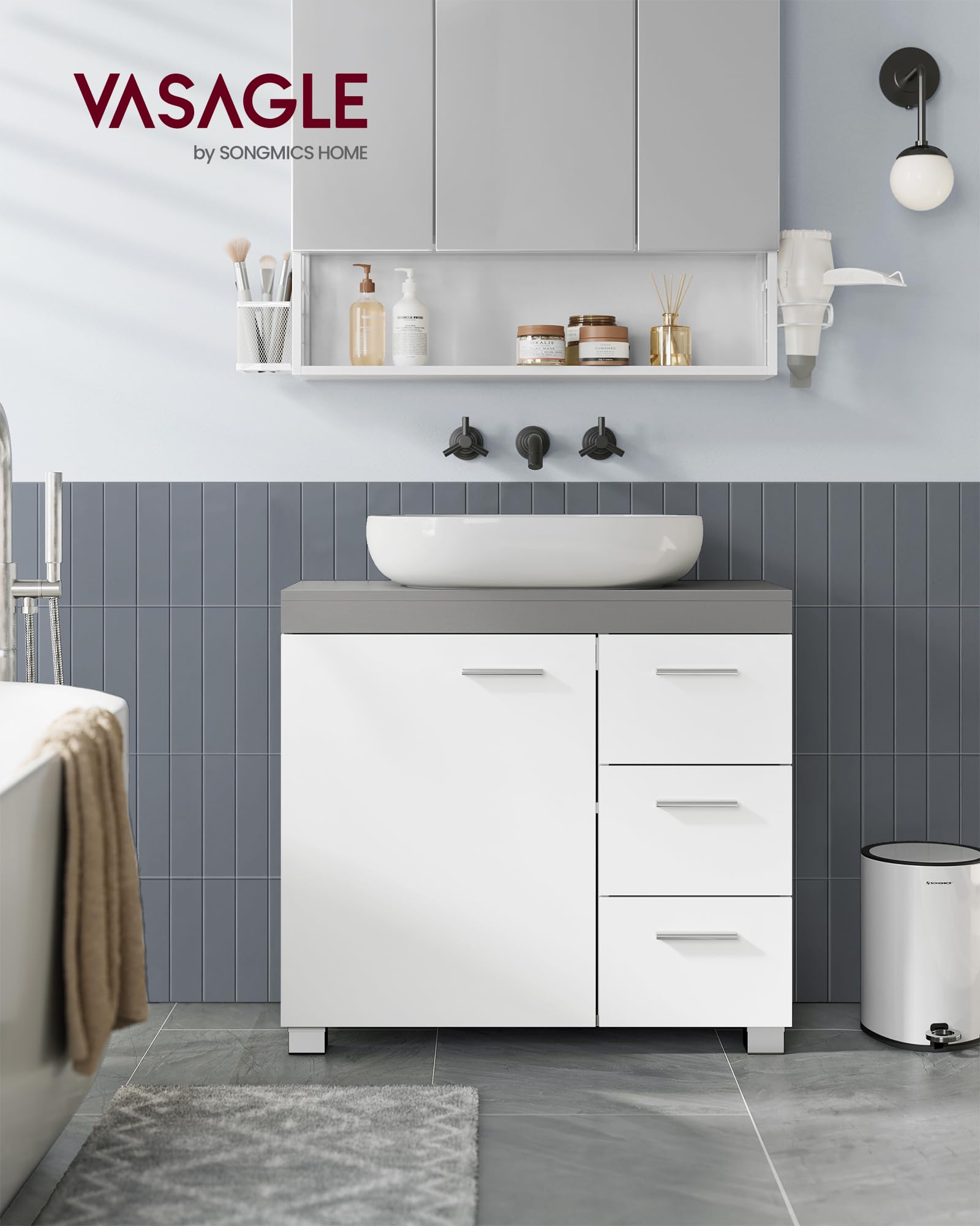 VASAGLE Mueble Bajo Lavabo, Armario de Baño, 3 Cajones, 2 Compartimentos Detrás de la Puerta, con Pies, 30 x 70 x 64 cm, Gris Cemento y Blanco Nube BBK503T49
