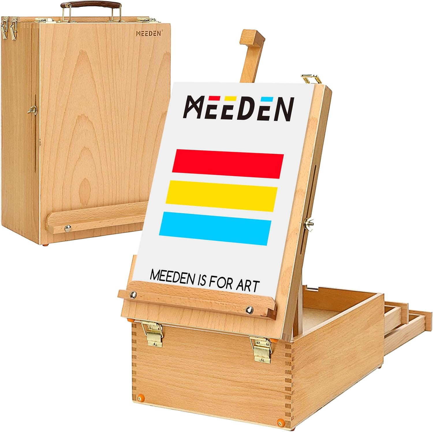 MEEDEN Large Adjustable Artist Tabletop Sketchbox Easel MultiFunction Solid Beech Wood Desktop