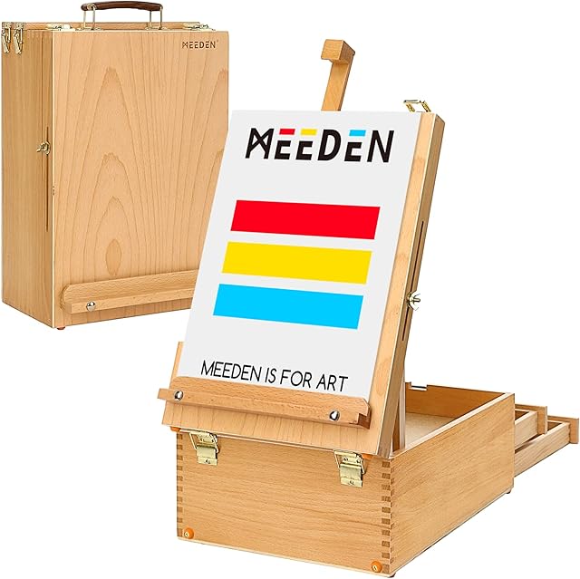 MEEDEN Large Adjustable Artist Tabletop Sketchbox Easel -Multi-Function Solid Beech Wood Desktop Easel Box, Wooden Artist Storage Box Easel Desktop Case for Artist, Art Students & Beginners