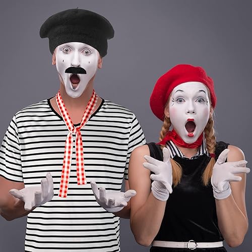 Miniatura 4 de Zhanmai 4 piezas de disfraz de hombre francés de manga corta con cuello de rayas blancas y negras, boina negra para Halloween, Mardi Gras
