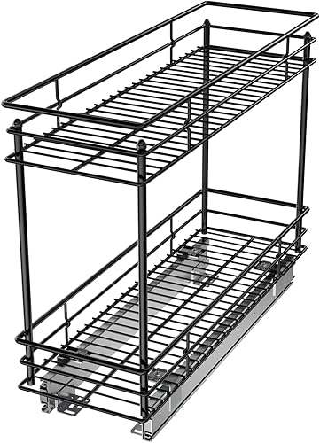 Vista 7 de LOVMOR Organizador de gabinete extraíble de 2 niveles, 14 pulgadas de ancho x 21 pulgadas de profundidad, cajón extraíble cromado para gabinete Plata