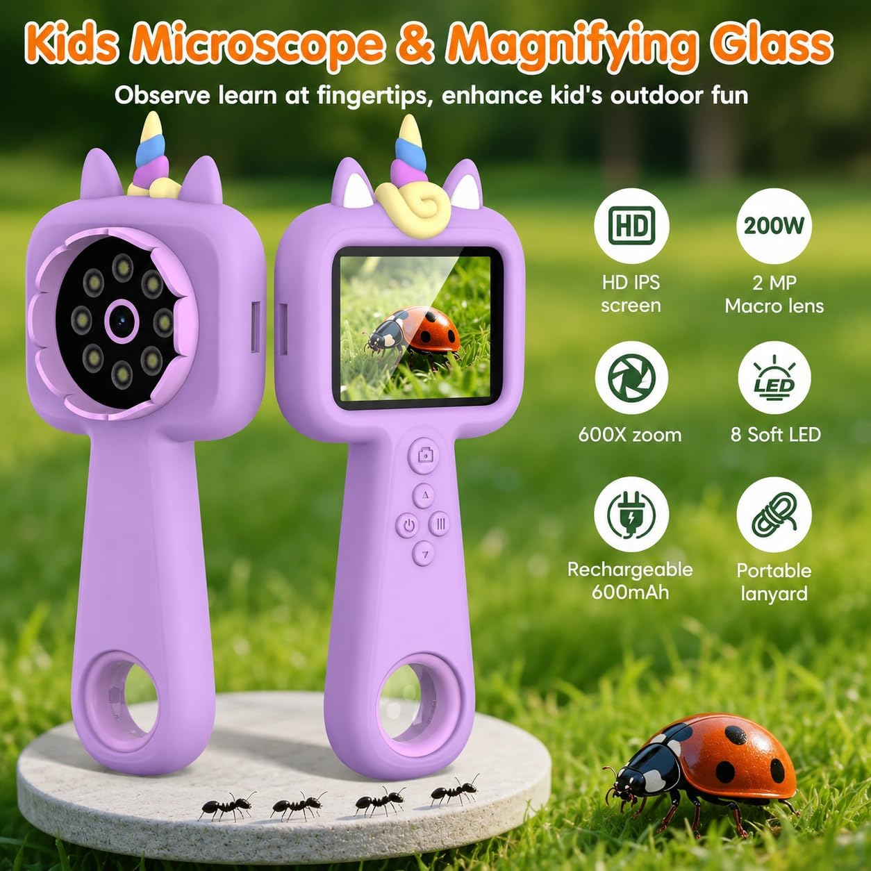 Kids Microscope, 2.4" Screen Handheld Digital Microscope 600X with 4K Camera & 8 LED Lights, Portable Pocket Microscope for Bugs Plants Nature Exploration, STEM Science Toy Gift Ages 3-12(Purple)