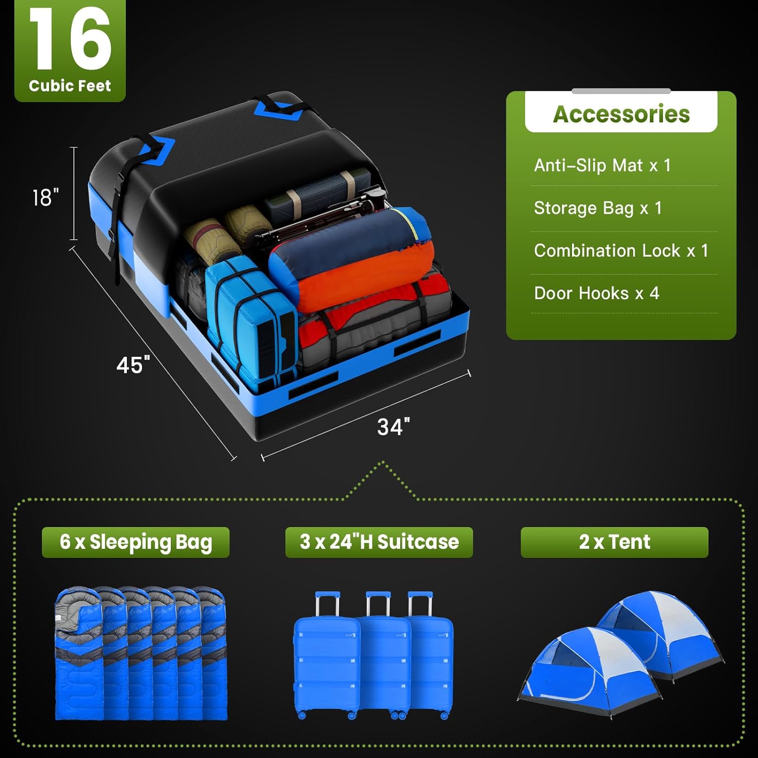 APTY Bolsa de carga para techo de automóvil, bolsa de equipaje suave de 15 pies cúbicos para todos los vehículos con o sin bastidores - con