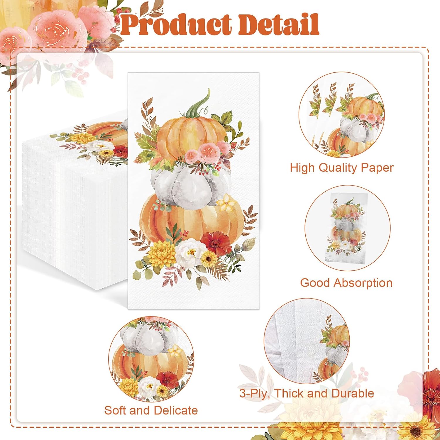 100 Pcs Fall Pumpkin Paper Napkins 3-Ply Disposable Guest Hand Towels Thanksgiving Decorative Dinner Napkins for Home Autumn Holiday Party image 3