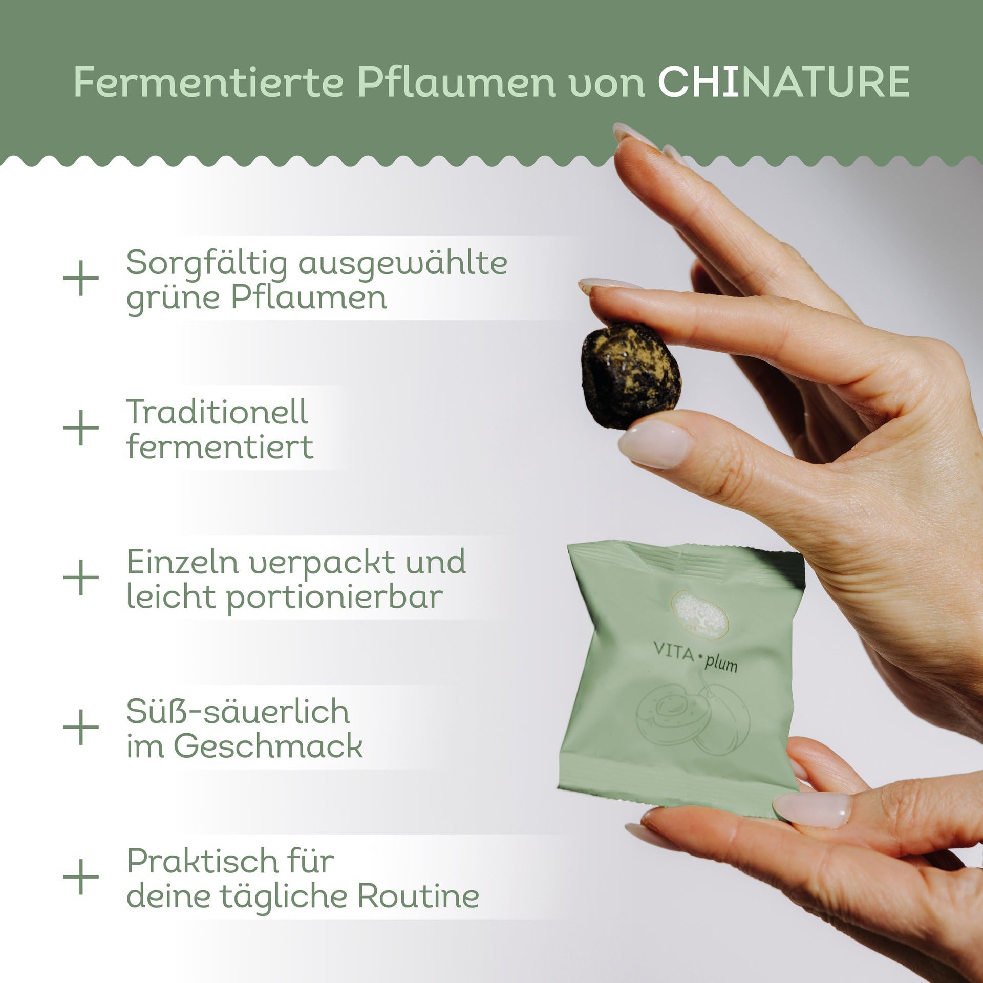 VITA PLUM fermentierte grüne Pflaume (30-Tage Kur) - Japanische Aprikose | Handverlesen · einzeln verpackt · Prunus mume · fruchtig-säuerliches Aroma