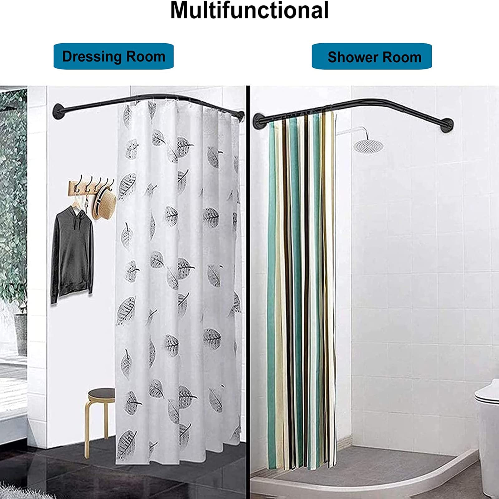 Barre de Rideau de Douche à Tension, sans perçage, en Forme de L, courbée, pour Salle de Bain, Placard, fenêtre ou à Suspendre (Dimensions : C 90-130 cm x 9 cm)