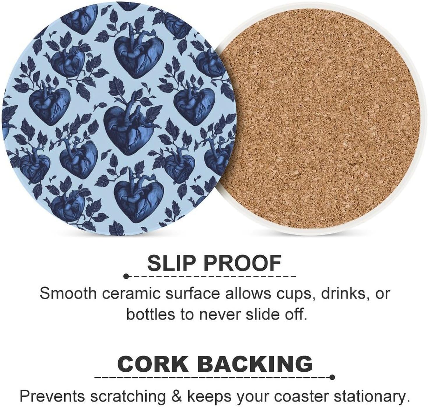 Dark Blue Heart Pattern Round Ceramic Coasters for Drinks Absorbent Cup Holder Tabletop Protector with Cork Base