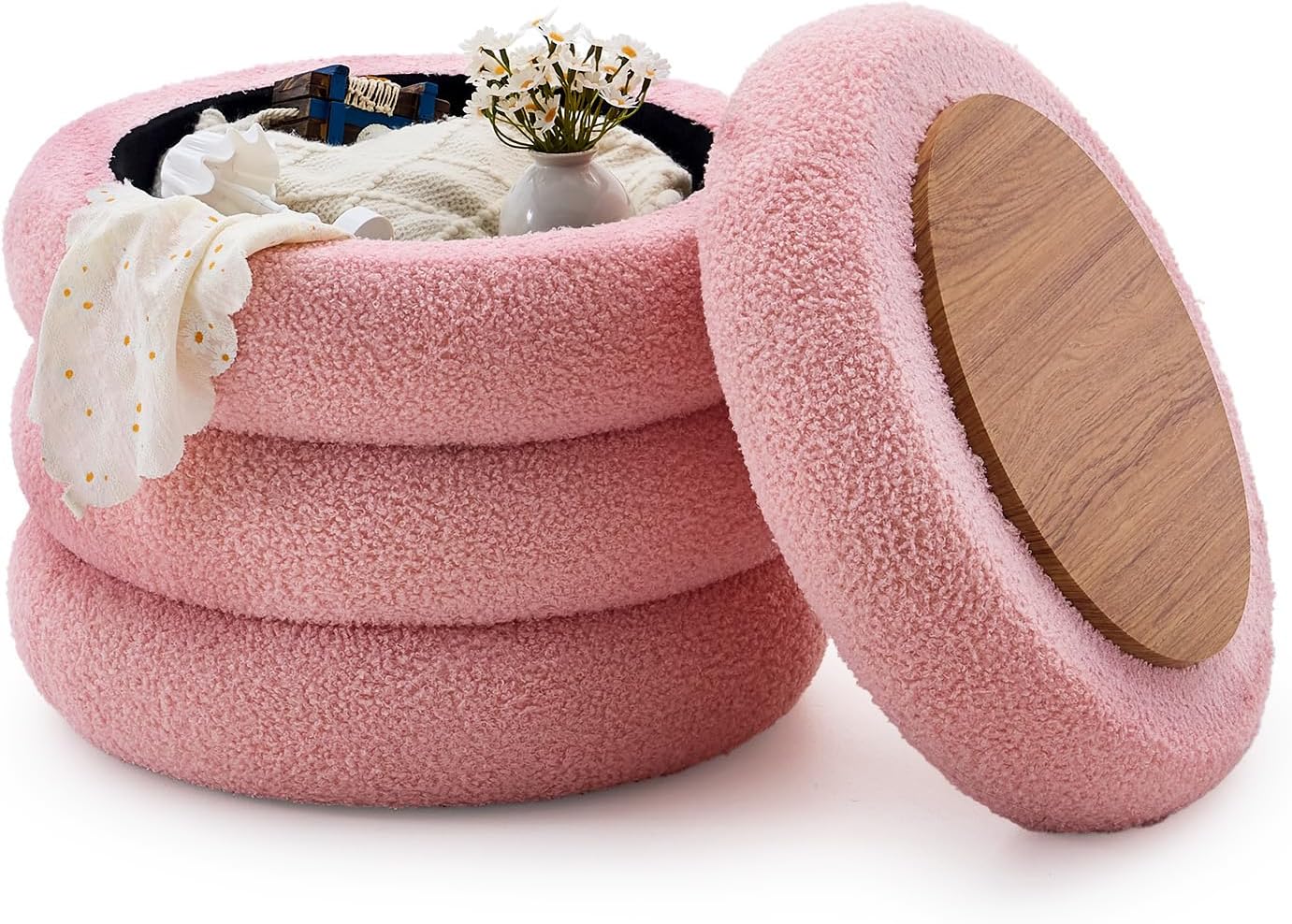 Wimarsbon Round Storage Ottoman, Modern Sherpa Footstool, Teddy Vanity Stool with Flip-Top Tray, Makeup Chair for Home Decor, Upholstered Footrest for Living Room & Bedroom (Pink L)