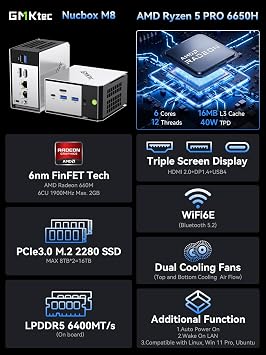 GMKtec Mini PC AMD Ryzen 5 PRO 6650H (6C/12T 4.50Ghz) Dual NIC LAN 2.5GbE 16GB DDR5 1TB NVME SSD Oculink, USB4, HDMI, USB-C Desktop Computer M8