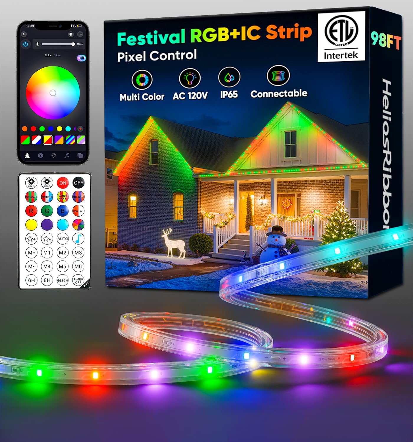 98FT Outdoor LED Strip Lights RGB+IC with Warm&Cool White, ETL Listed Music Sync Light Strip AC 120V, IP65 Waterproof and Connectable, for Party Festival Eave Porch Patio Every Day Decor