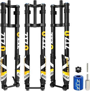 29 Inch Mountain Bike Air Inverted Suspension Fork, Thru Axle 15 * 110mm Travel 200mm Double Crown MTB Manual Lockout, Rebound Adjustment Straight Disc Brake Front Forks