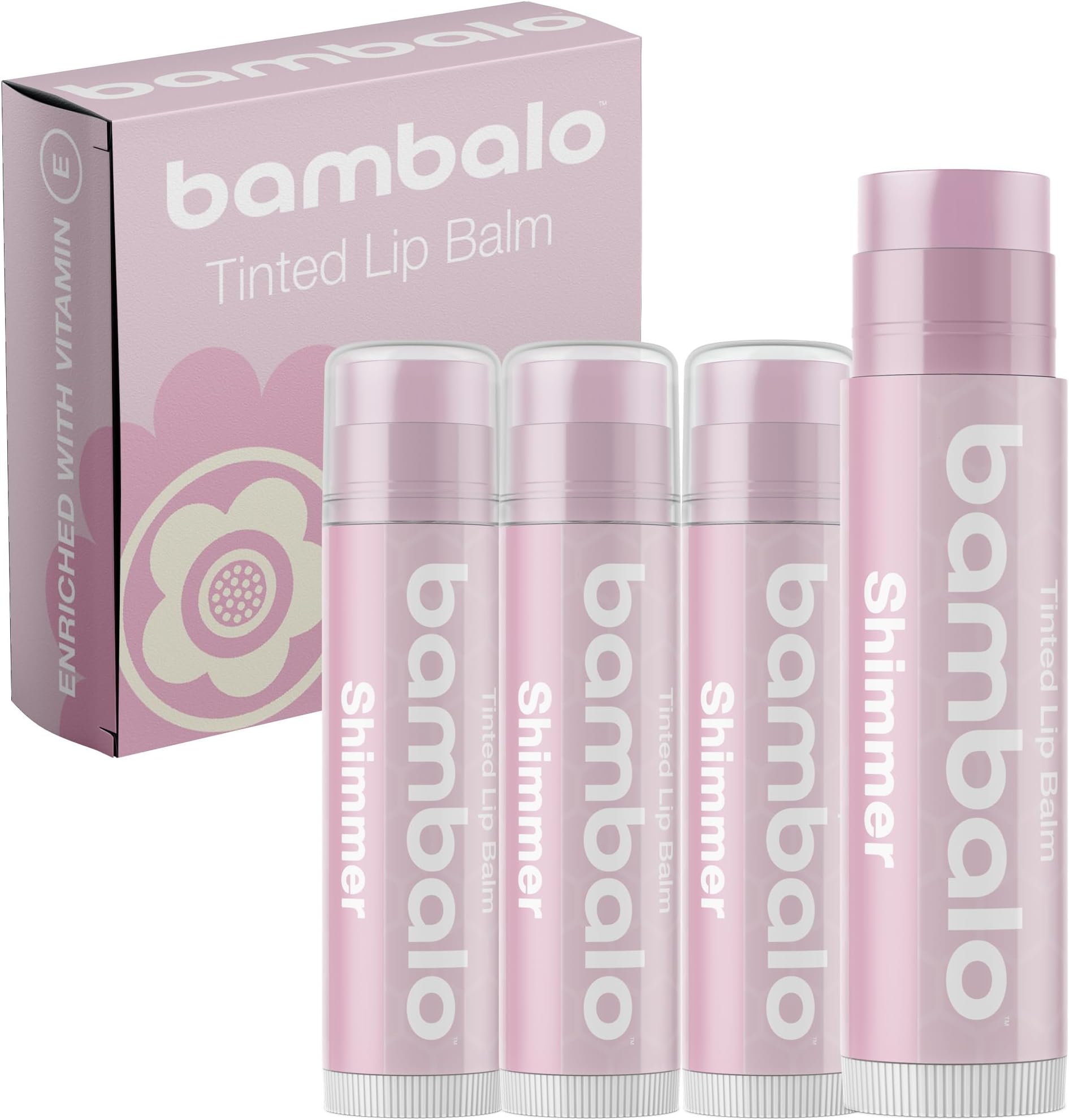Tinted Lip Balm Shimmer - Bambalo 4-Pack Hydrating Moisturizing Care - Subtle Pearl Glow - Natural Organic Formula - Lightweight Smooth Finish - Made in USA