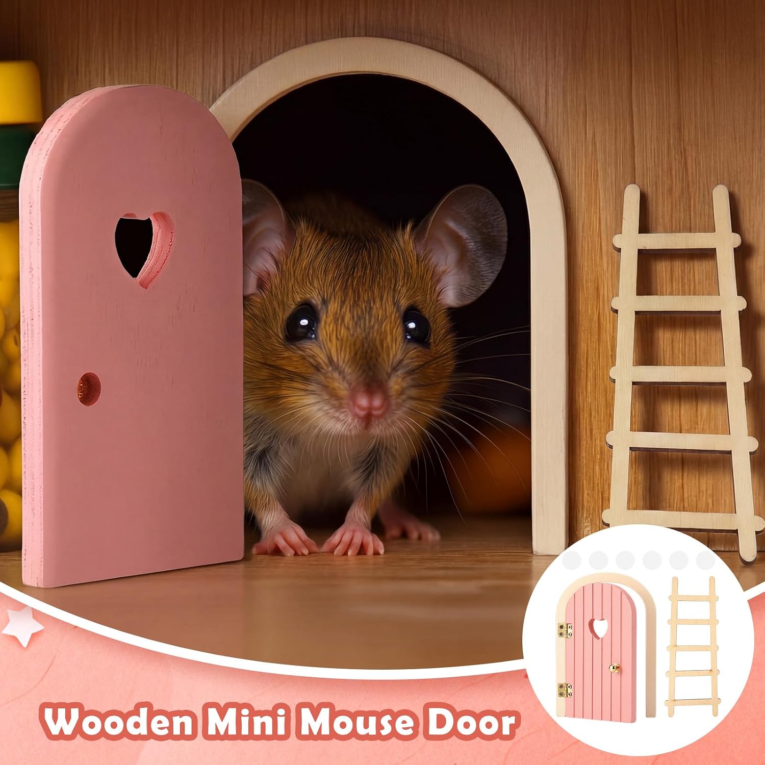 Kathfly 2 Pcs Mini Wooden Mouse Door Kit Fairy Door for Wall, Heart, Pink