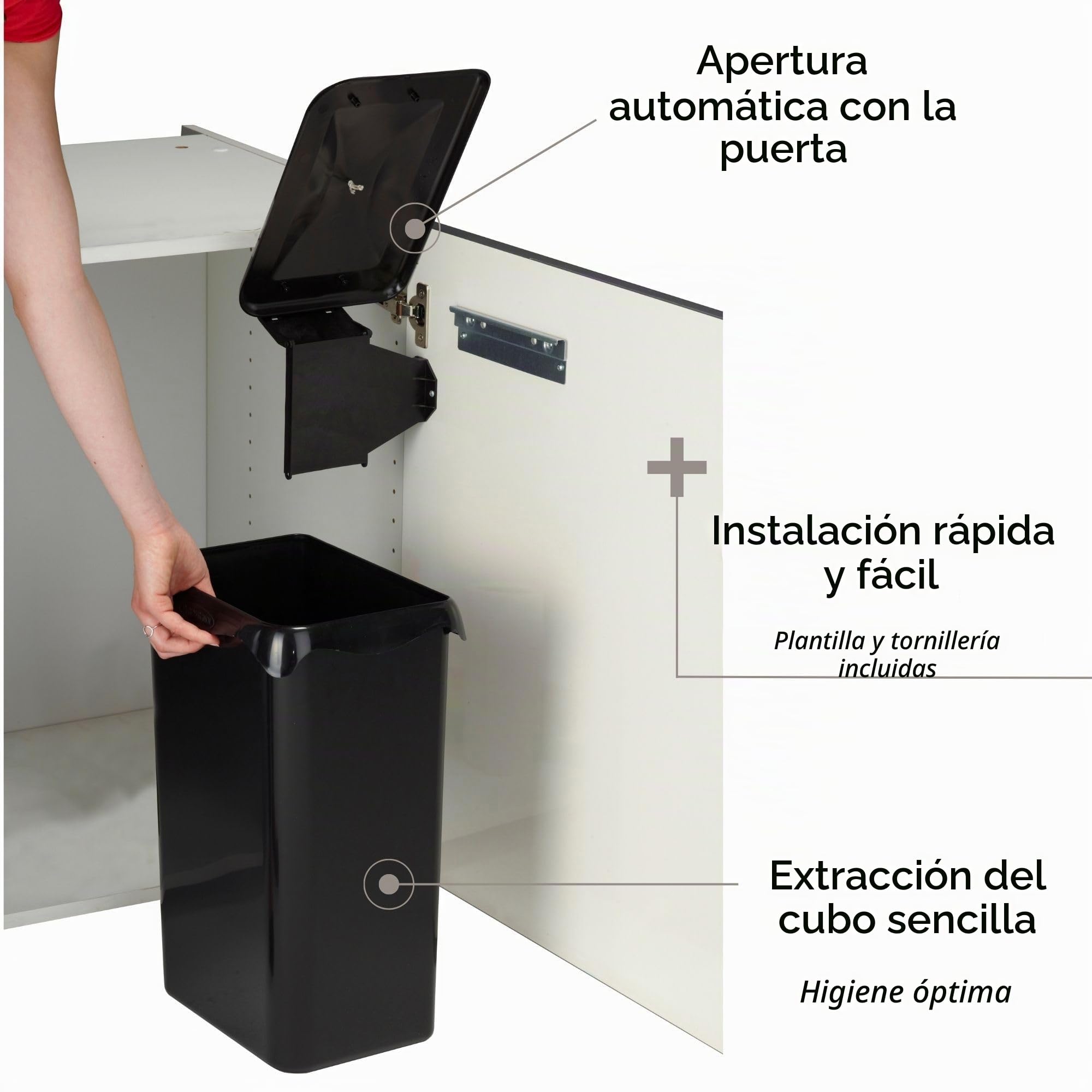 ROSSIGNOL Bote de basura con puerta automática PORTASAC 23L | Papelera bajo fregadero interior mueble cocina 23L con apertura automática. Fabricado en Francia, fácil de instalar.