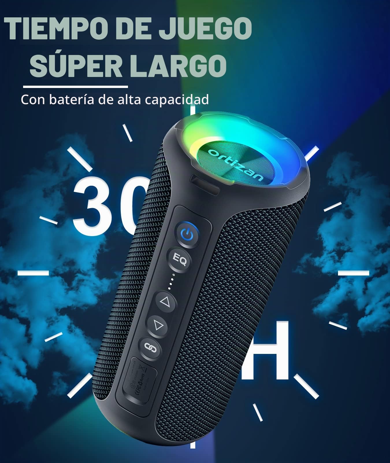 Ortizan 40W Altavoz Bluetooth Potente, 30h De Autonomía, Coluna Bluetooth Portátil, Luces LED, Estéreo, Resistencia al Agua IPX7, Graves Profundos, Compatible con Tarjeta TF y Entrada AUX