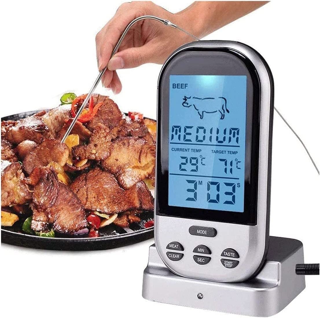 Meat Thermometer with 2 Probes, Wireless Barbecue Meat Thermometer with Calibration, Timer, High and Low Temperature Alarm for Smoker, Oven, Kitchen, Drum