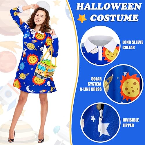 Vista 2 de Ramede Juego de 3 piezas de disfraz de profesor de Halloween para mujer, vestido vintage de manga larga con bolsa de autobús escolar para Halloween