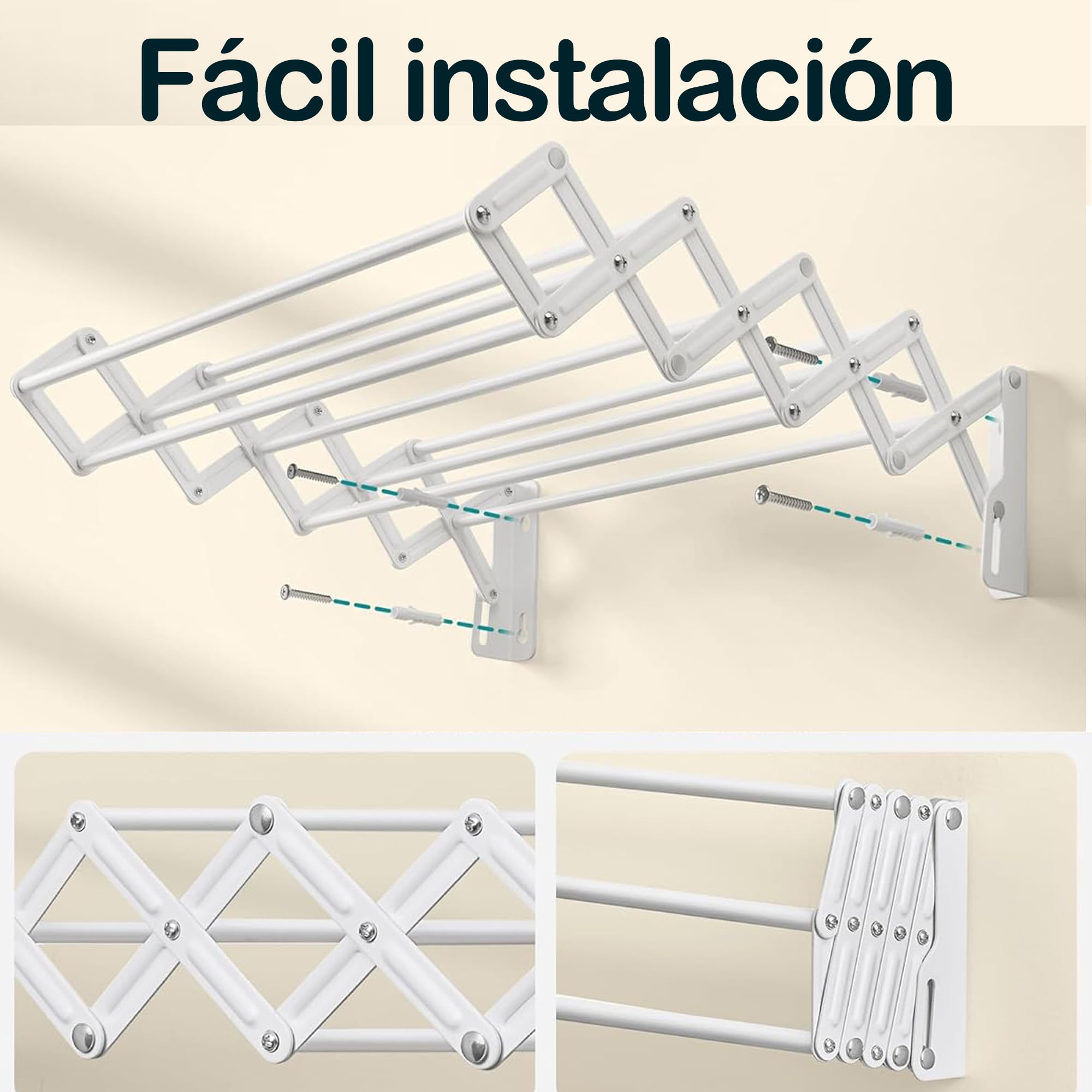 various Tendedero Plegable de Secado de Ropa para Colgar en la Pared,Tendedero Extensible de Pared 100 cm de Intetiot o Exterior de Acero Blanco,Tendedro con 9 Barras Ahorra Espacio