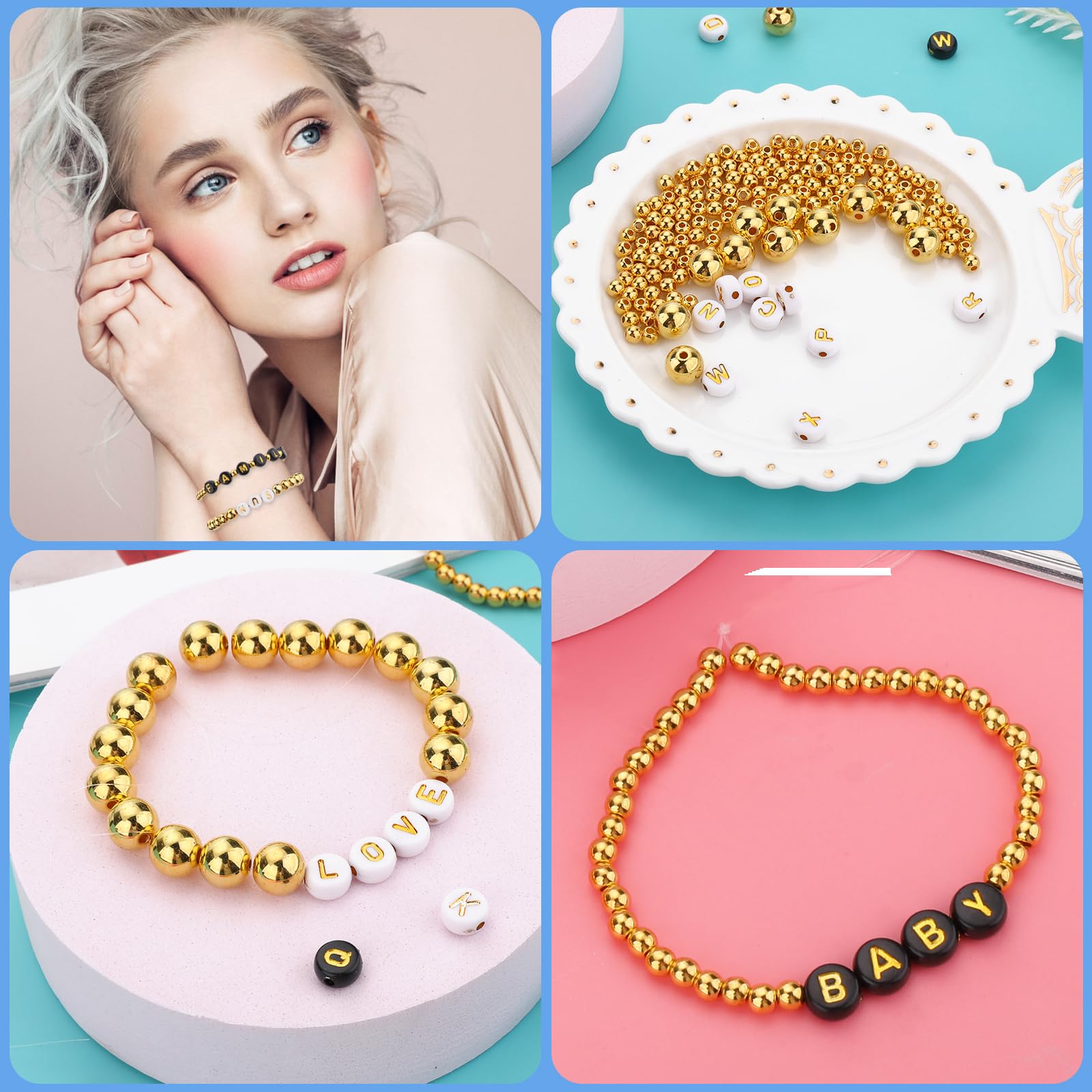 Kit 1100 Perles Dorées Pour Bijoux - Lettres A-Z + Perles Rondes 4/6/8mm - DIY Bracelets Et Colliers