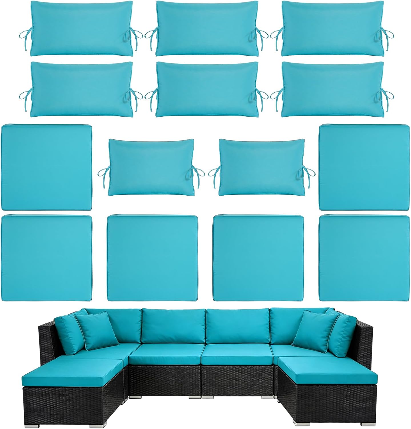 14pcs Outdoor Patio Furniture Cushion Covers, Waterproof & Sun-Resistant Zippered,Fit for Patio Furniture Sectional Sofas and Wicker Rocking Chairs,3 Sizes,Lake Blue,Covers Only