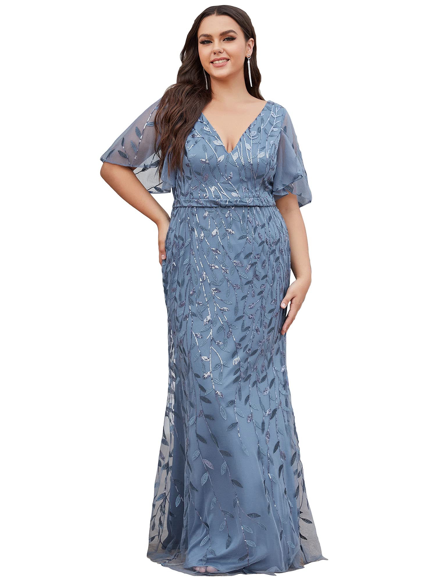 Women's V-Neck Sparkly Embroidery Plus Size Mermaid Evening Dress 0692-PZ