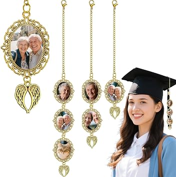 3-Piece Graduation Photo Frame Charm Set, Personalized Picture Frame Keepsake with Angel Wings for Tassel & Bouquet - DIY Remembrance Tribute for Loved Ones Gold Tone