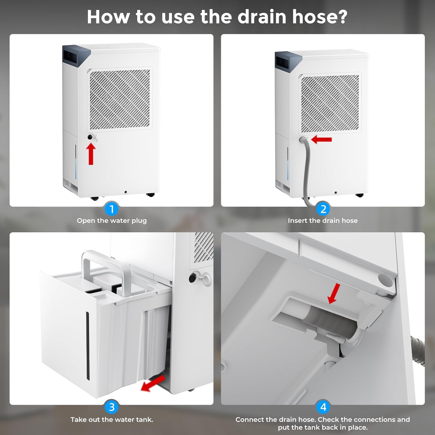 Four-step visual guide on how to connect the drain hose to the boglvr LIBRA dehumidifier.