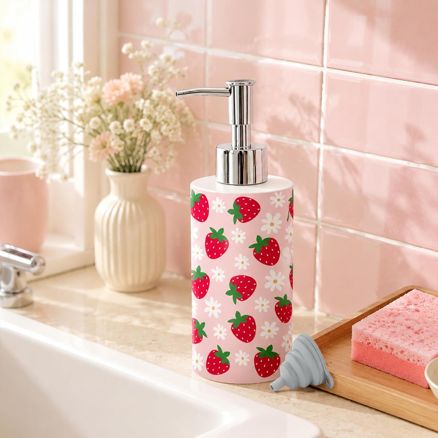 Whaline 1 Pc Strawberry Soap Dispenser Glass Pink Floral Soap Dispenser with Pump Silicone Funnel Refillable Liquid Container for Hands Dishes Party Home Kitchen Bathroom Decor
