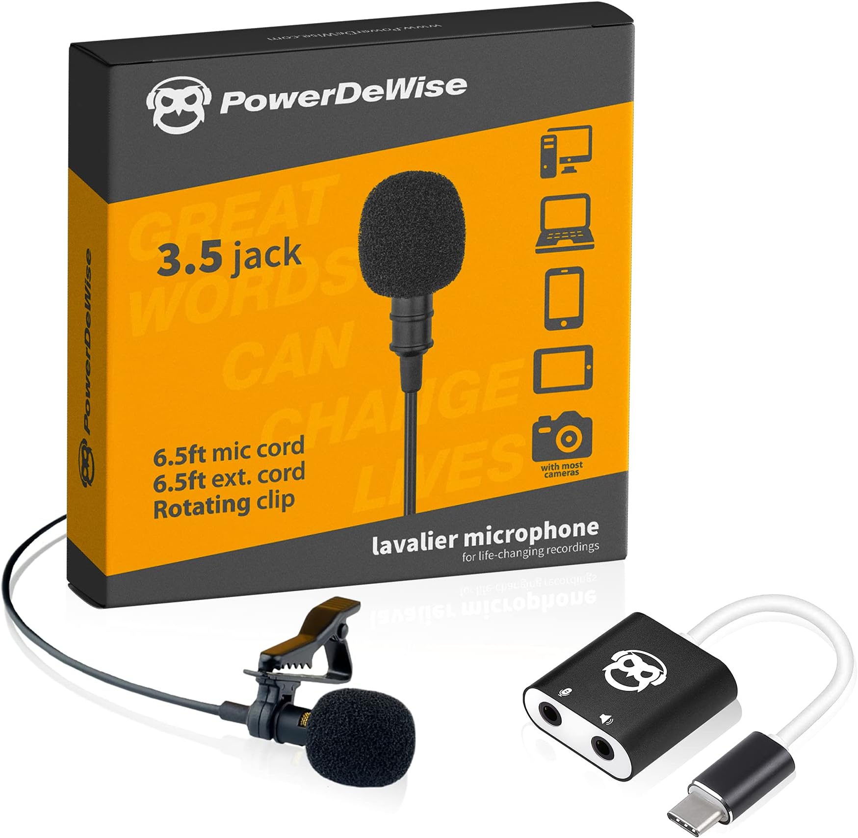 PowerDeWise Lav Lapel Microphone, USB Type-C, 3.5mm Jack, 79" Long Cord, Universal Compatibility