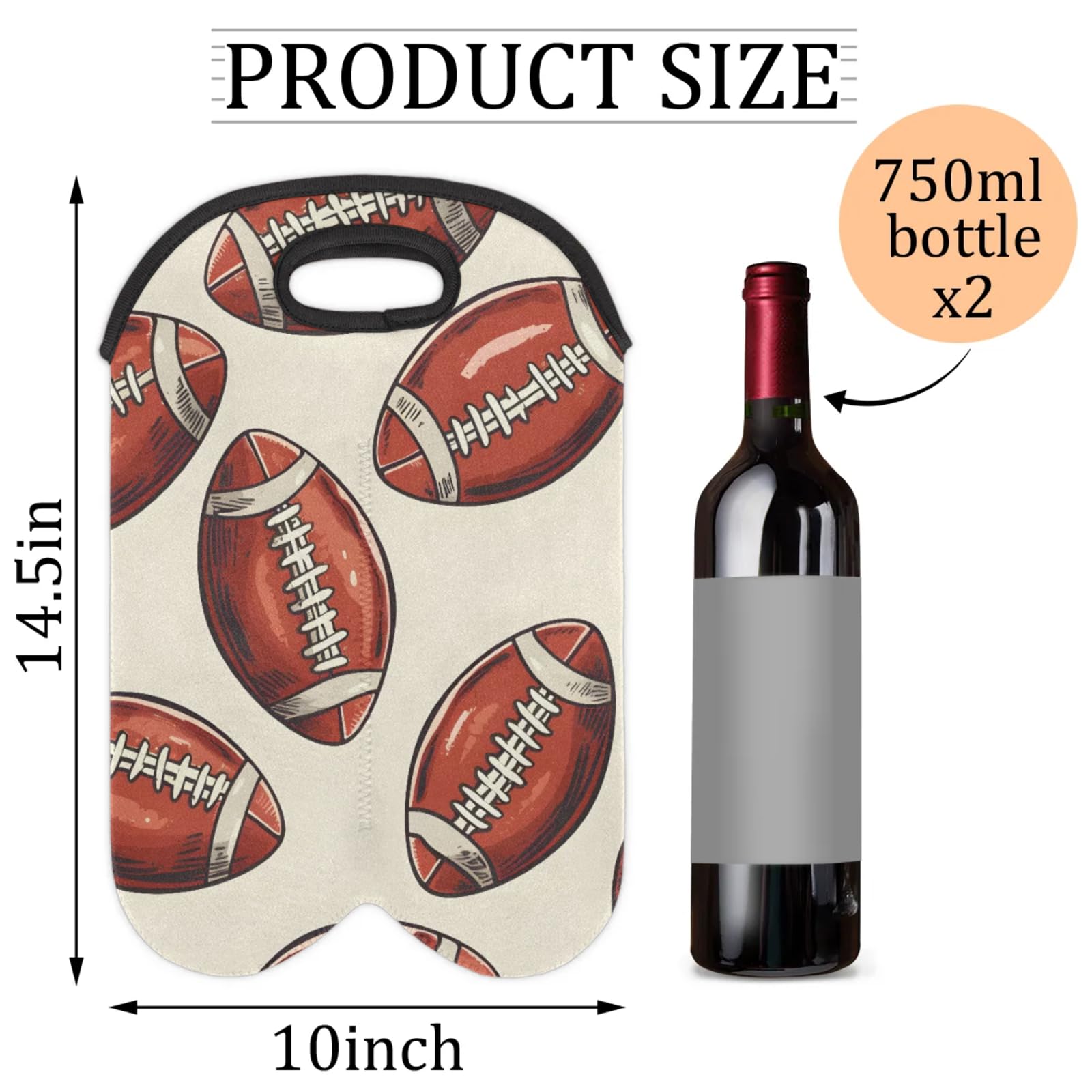 GzLeyigou 2 Bottles American Football Rugby Wine Bag Sleeve Totes Neoprene Protective Wine Carrier Bag for Wine,Water, Champagne, Beer, Baby Bottles,Gift 14.5 x 10 Inches