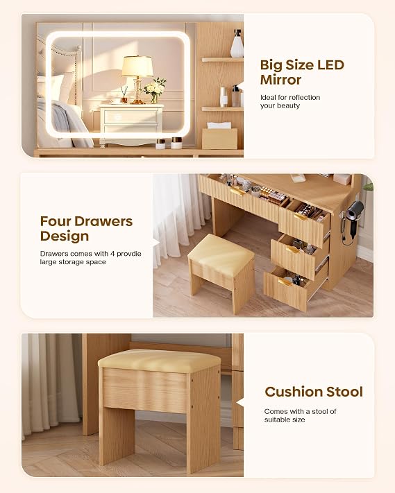 LIVELYGLOW 35.4 Wooden Makeup Vanity Set with Charging Station & Stool