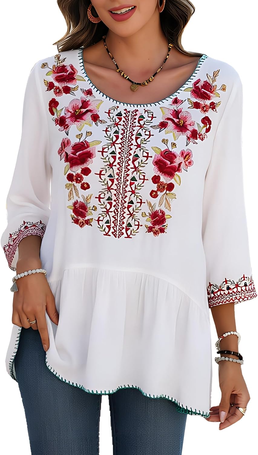 Higustar Mexican Embroidered Tops Traditional Style Fiesta Blouses Boho Tunic Clothes Peasant Cotton Shirts for Women
