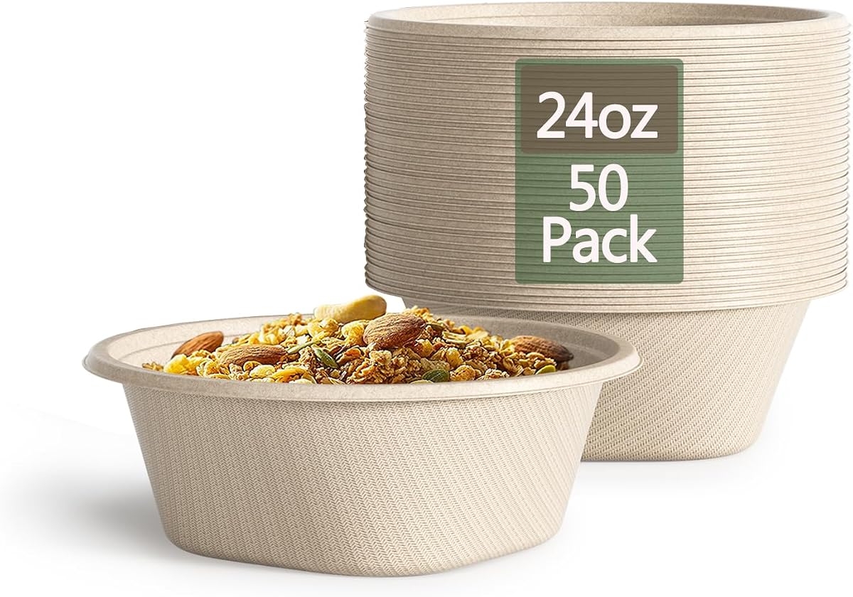 Cuencos de papel desechables de 24 onzas – Cuencos desechables resistentes – Hechos de bagazo natural – Cuencos desechables para sopa caliente, ensalada, postre y más [paquete de 50]