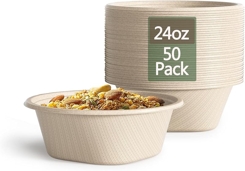 Cuencos de papel desechables de 24 onzas – Cuencos desechables resistentes – Hechos de bagazo natural – Cuencos desechables para sopa caliente, ensalada, postre y más [paquete de 50]