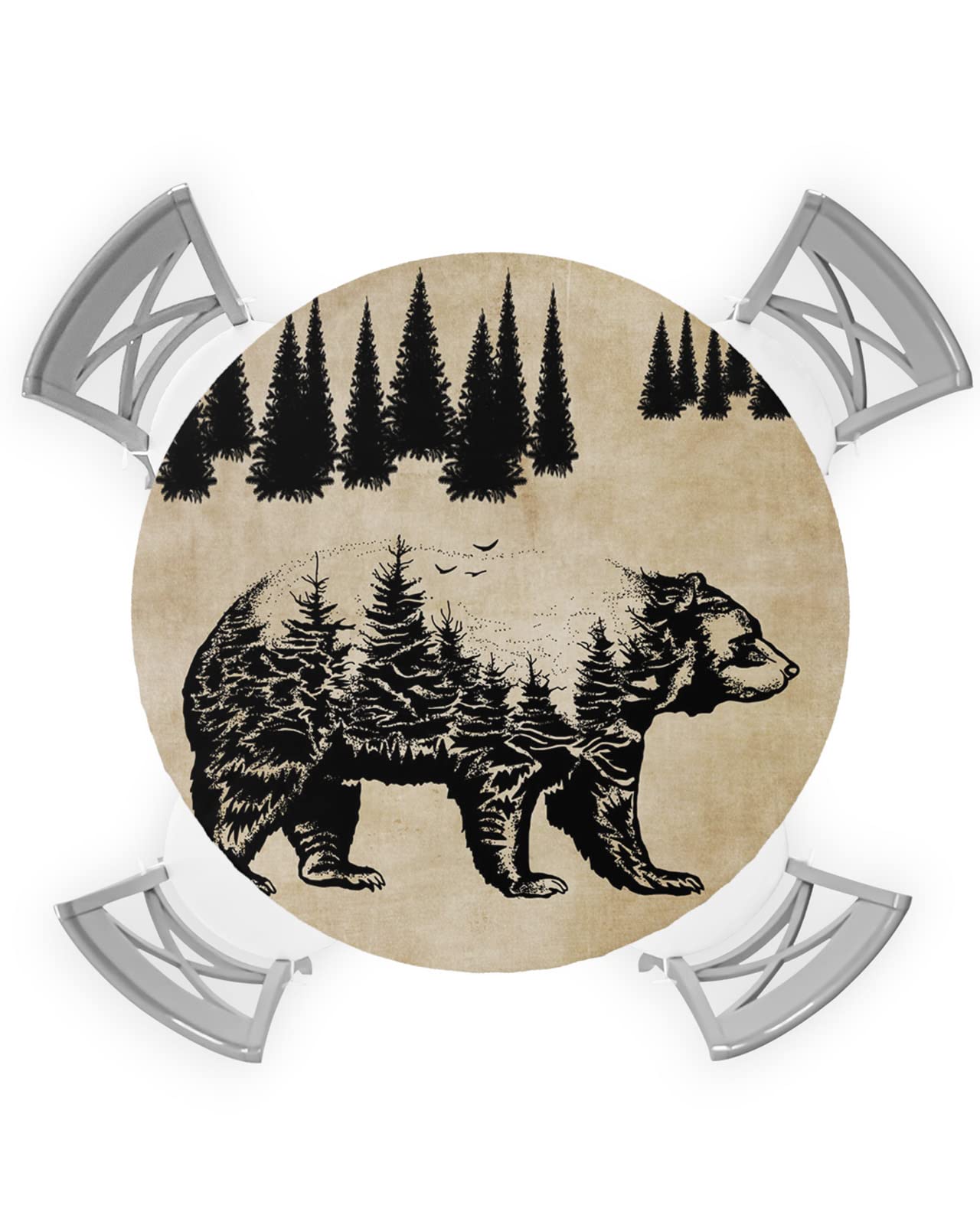Bear Silhouette Round Tablecloth with Elastic Retro Bear Pine Tree Silhouette Burlap Waterproof Stain-proof Table Cover Wipeable Fitted Table Cloths for 45