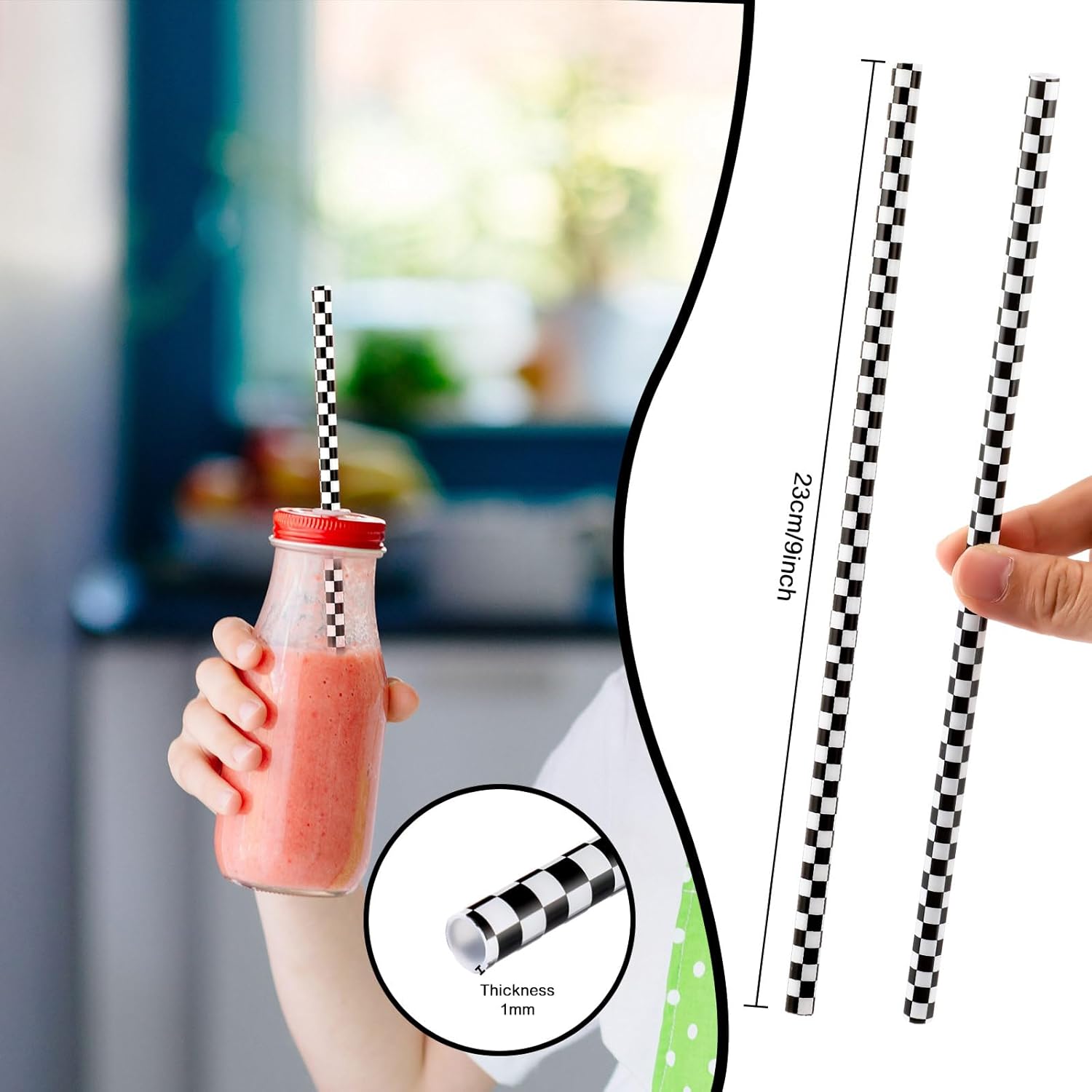 Domensi 100 Pcs Plastic Straws Disposable Drinking Plastic Straws Reusable Striped Flag Summer Party Supplies for Birthday Decoration (Black and White Checkered)