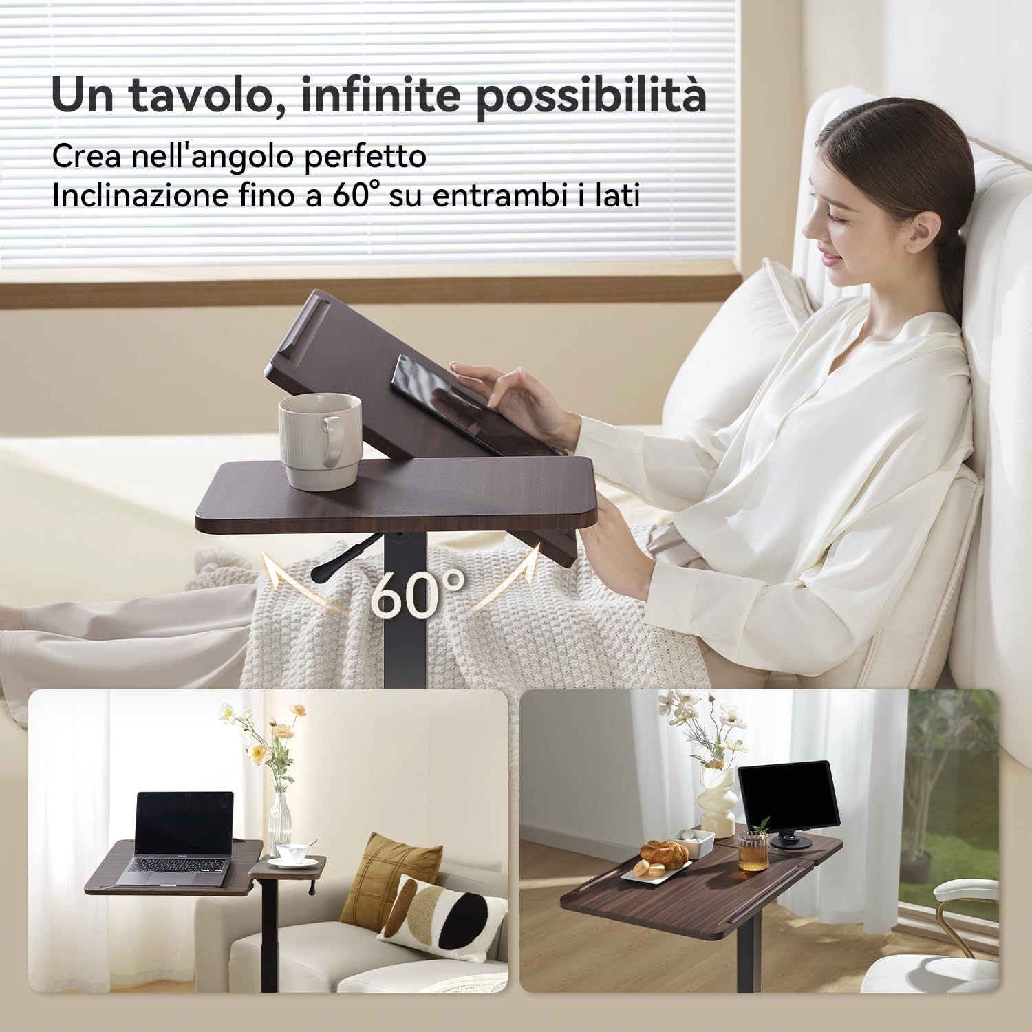 SIHOO D01 tavolino da letto-Scrivania Regolabile Altezza con Ruote,Comodini camera,Sistema Pneumatico, Montaggio Rapido e Qualità Eccellente per Casa/Ospedale (Legno di noce scuro)