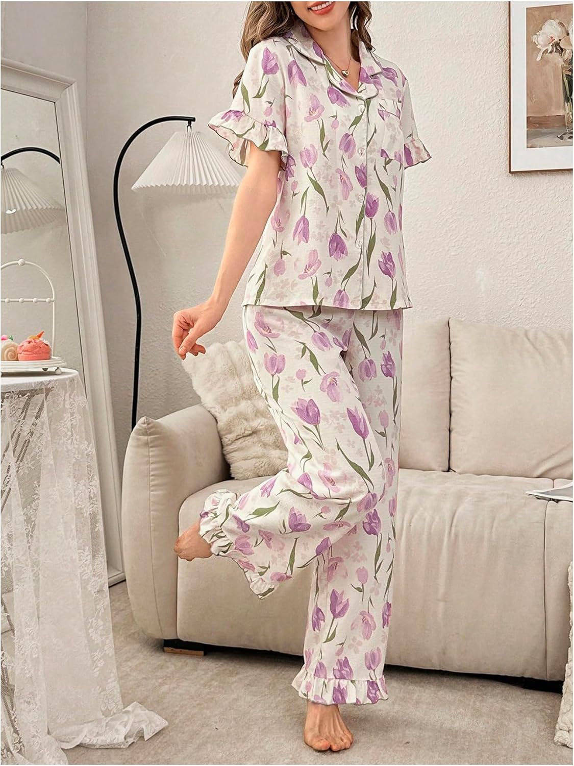Verdusa Women's 2 Piece Ruffle Floral Pajama Set Short Sleeve Button Down Shirts with Lounge Pants - Image 3