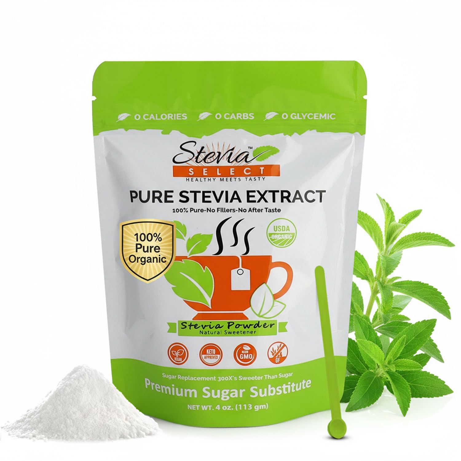 Stevia Select Organic Stevia Powder - Sugar Free Plant Based Stevia Sweetener Non GMO Pure Stevia Extract - Sugar Substitute No Additives Zero Calorie 4 Oz