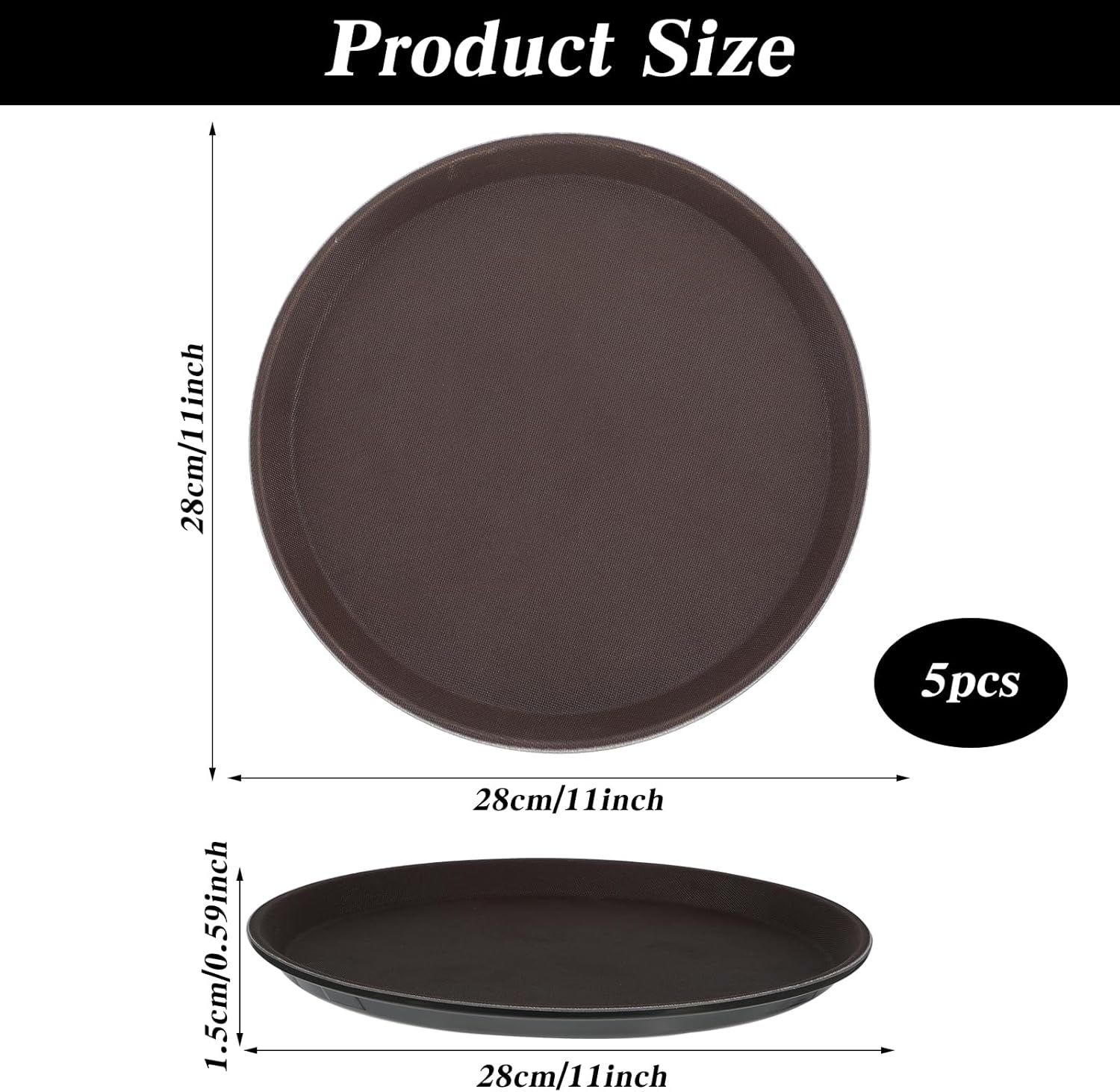5 Pieces Restaurant Serving Tray, Non Slip Surface Round Tray Plastic Food Meals Server with Raised Edges for Home, Kitchen, Restaurant, Cafeteria, Bar, Hotel - Image 2