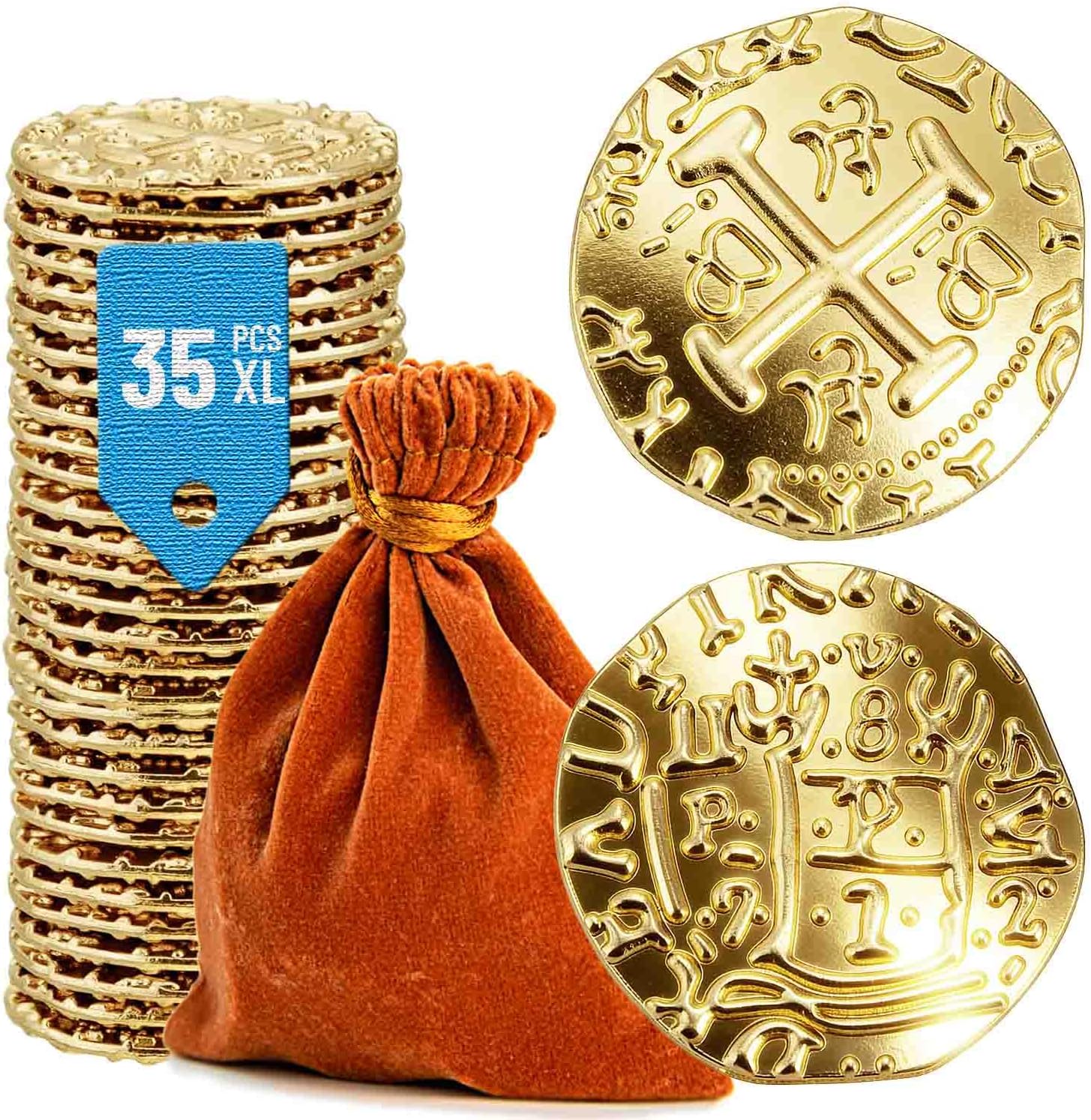 Metal Pirate Coins, Prefdo 100PCS X Large Gold Treasure Coin Set Spanish Doubloon Replicas Fantasy Metal Coins Pirate Gold Coins Tokens for Board Games Pirate Party Cosplay